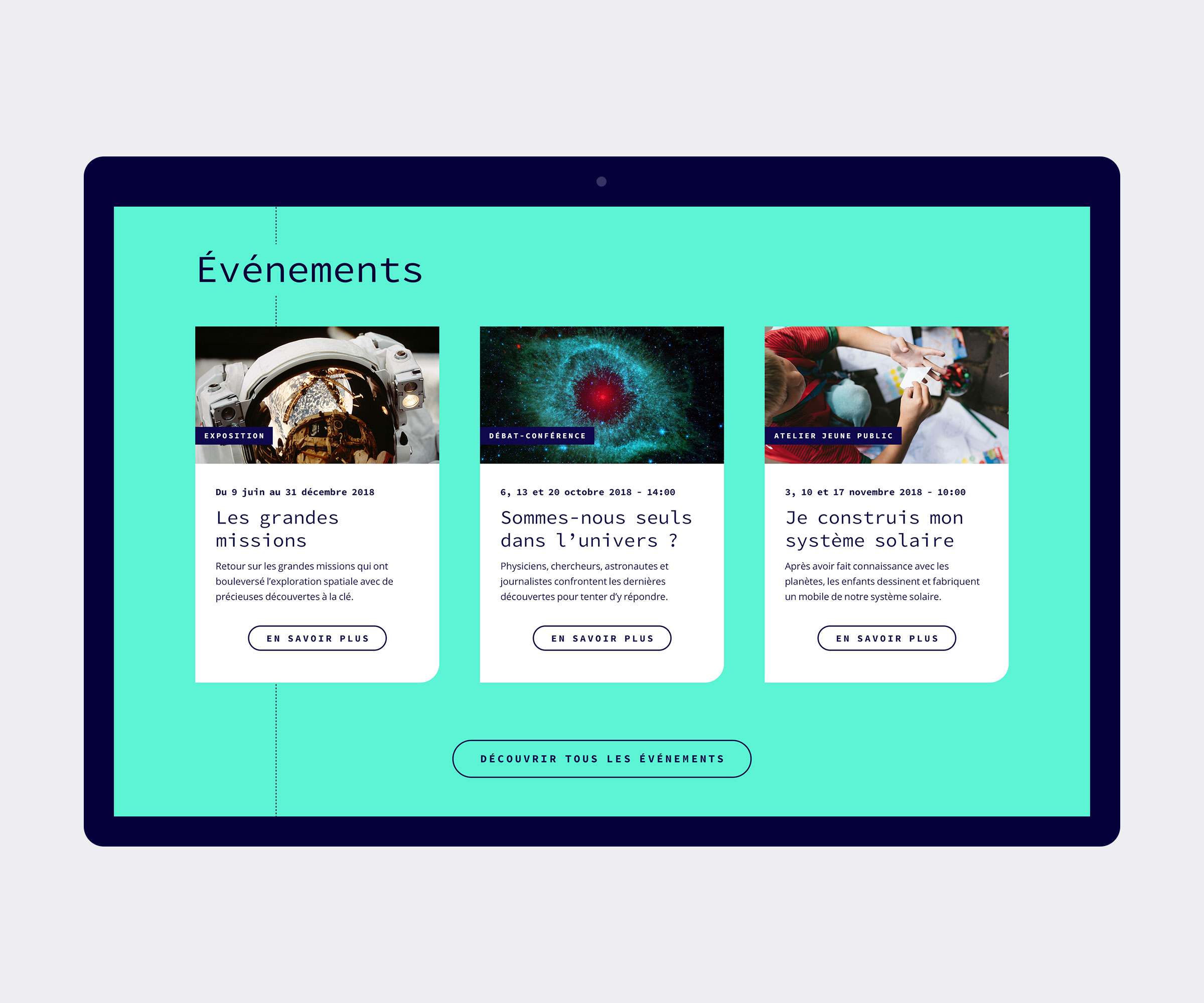 Version tablette du site internet responsive planétarium.